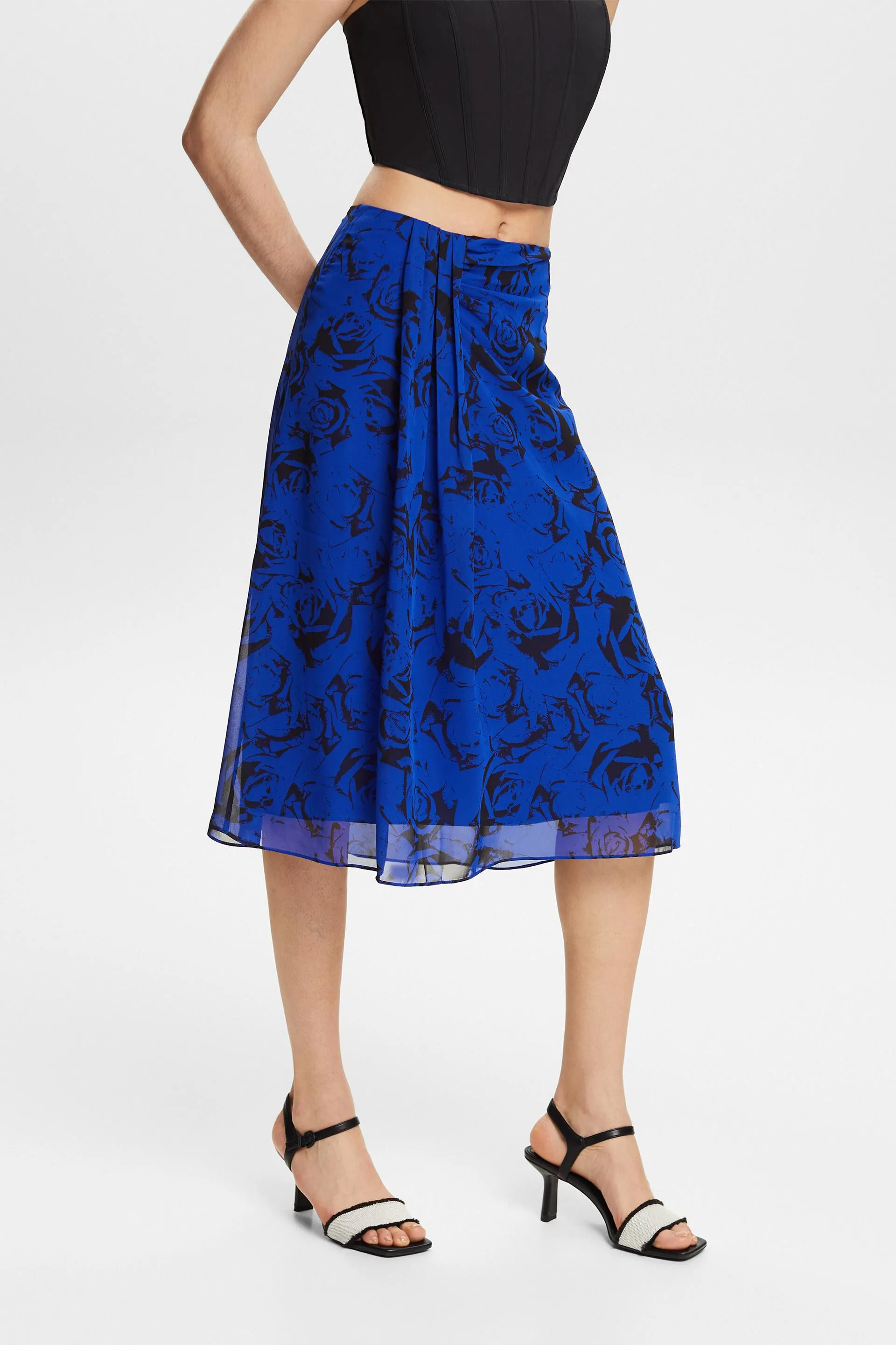 Gonna in chiffon con stampa e arricciatura