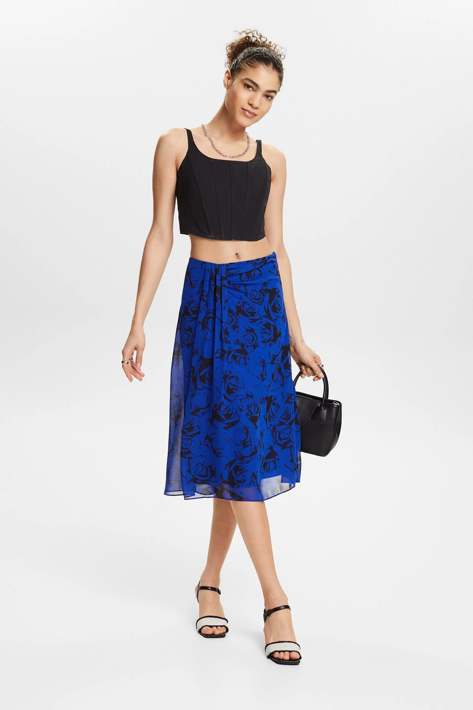 Gonna in chiffon con stampa e arricciatura