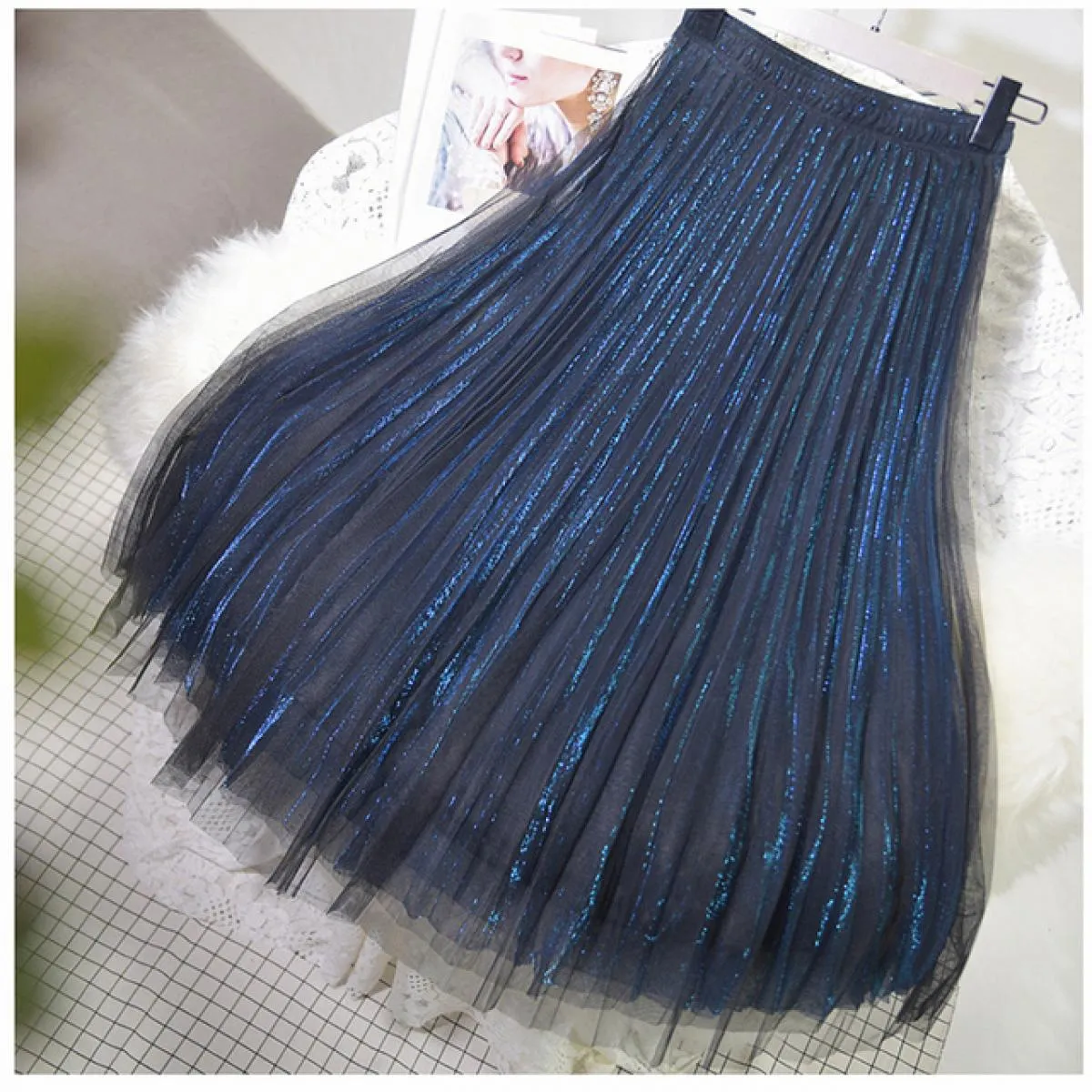 Gonna in tulle brillante a 3 strati da donna Gonna a tutù scintillante a vita alta da donna Gonna midi in rete a pieghe Saias Sp