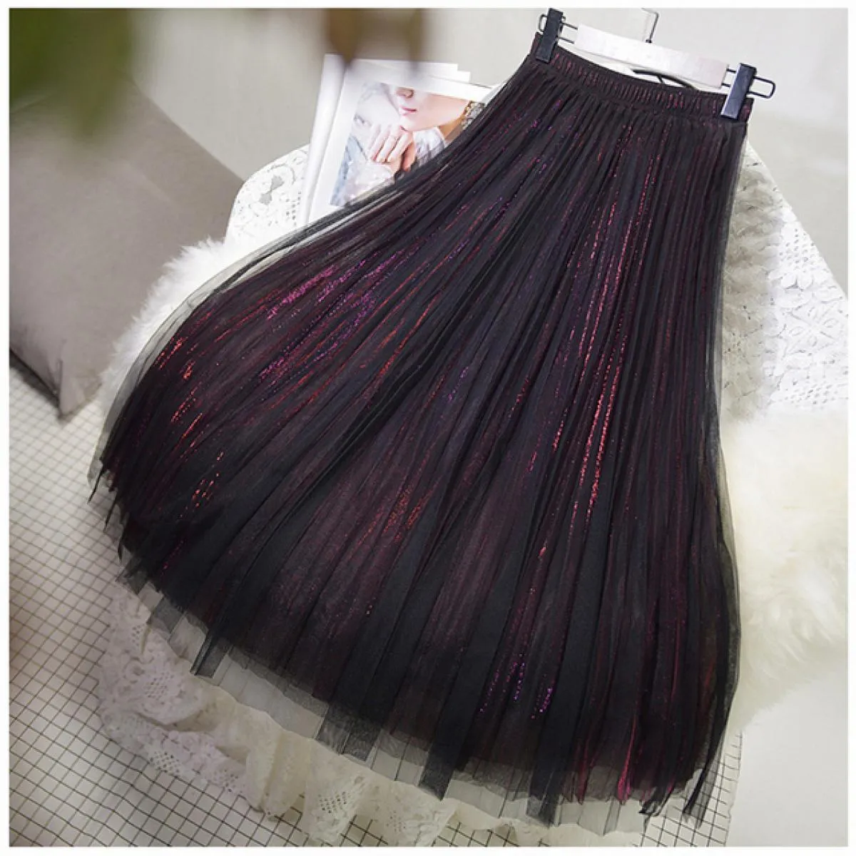 Gonna in tulle brillante a 3 strati da donna Gonna a tutù scintillante a vita alta da donna Gonna midi in rete a pieghe Saias Sp
