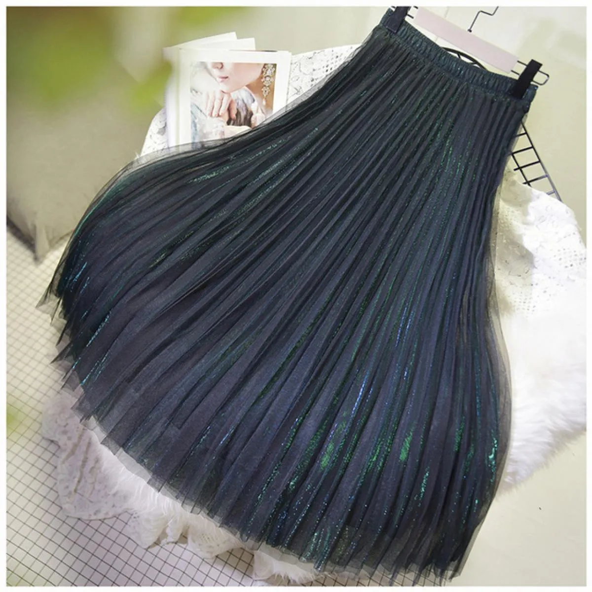 Gonna in tulle brillante a 3 strati da donna Gonna a tutù scintillante a vita alta da donna Gonna midi in rete a pieghe Saias Sp