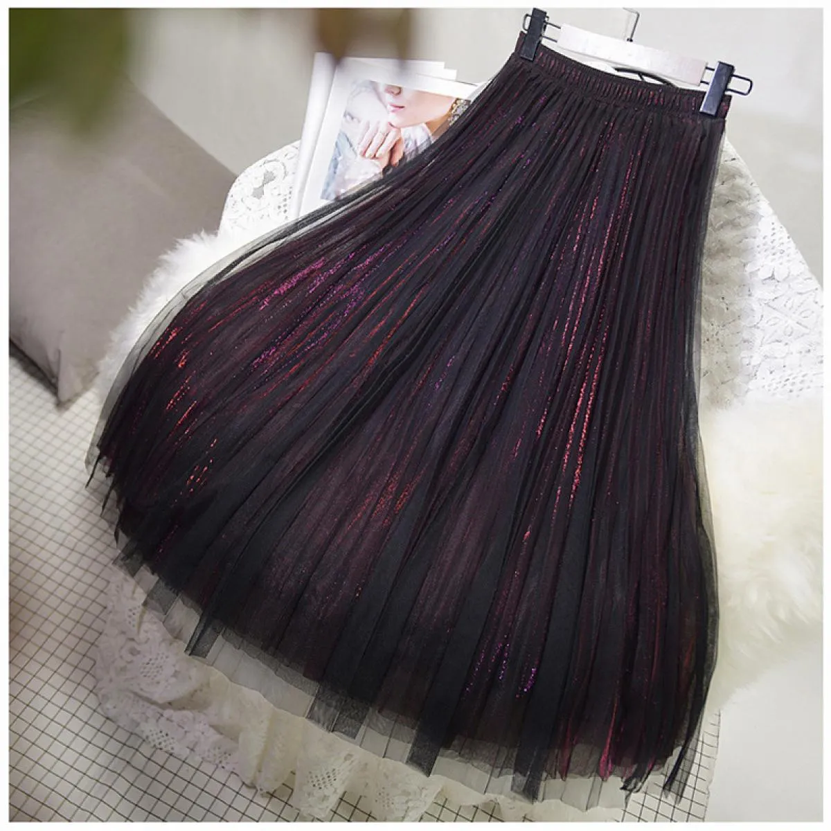 Gonna in tulle brillante a 3 strati da donna Gonna a tutù scintillante a vita alta da donna Gonna midi in rete a pieghe Saias Sp
