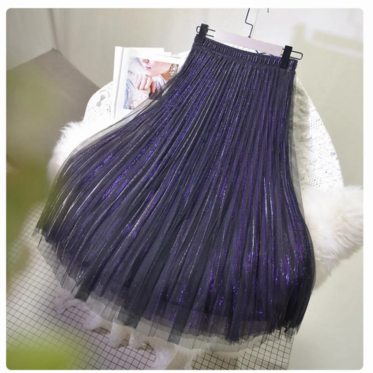 Gonna in tulle brillante a 3 strati da donna Gonna a tutù scintillante a vita alta da donna Gonna midi in rete a pieghe Saias Sp