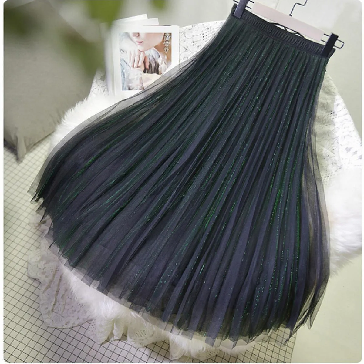 Gonna in tulle brillante a 3 strati da donna Gonna a tutù scintillante a vita alta da donna Gonna midi in rete a pieghe Saias Sp