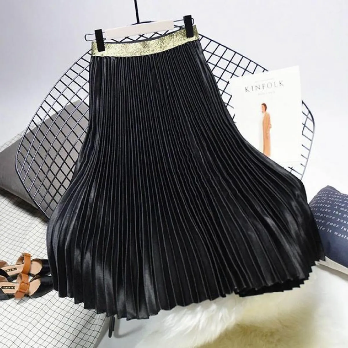 Gonna longuette a pieghe color metallo da donna stile streetwear da donna gonne chic in velluto a vita alta gonna Saias Spring S