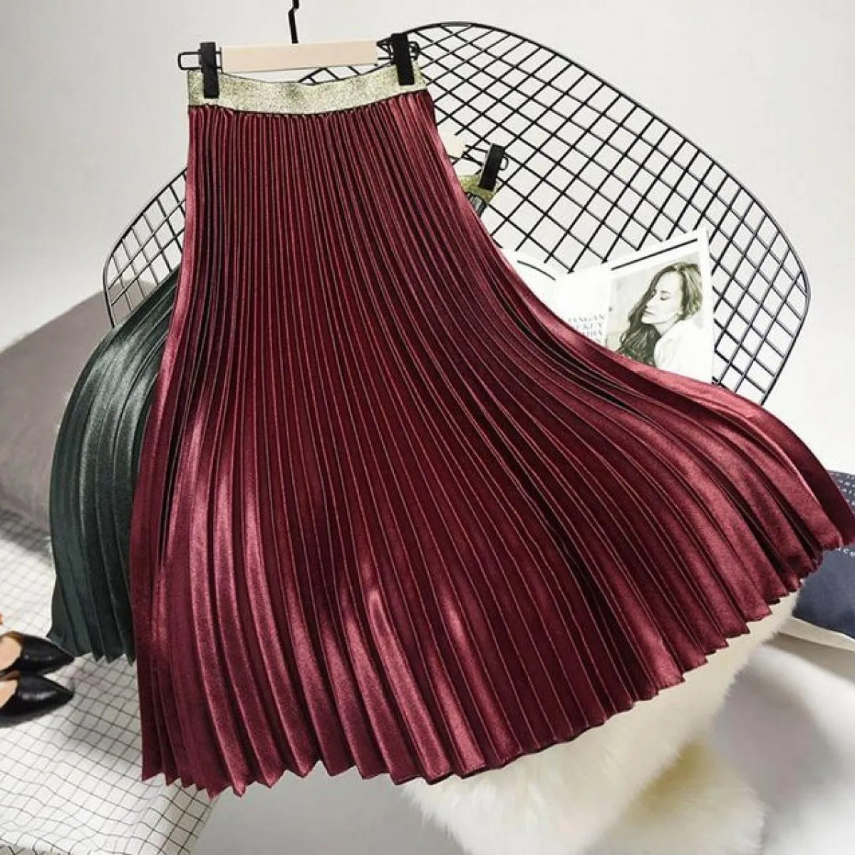Gonna longuette a pieghe color metallo da donna stile streetwear da donna gonne chic in velluto a vita alta gonna Saias Spring S