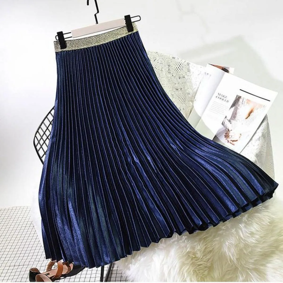 Gonna longuette a pieghe color metallo da donna stile streetwear da donna gonne chic in velluto a vita alta gonna Saias Spring S