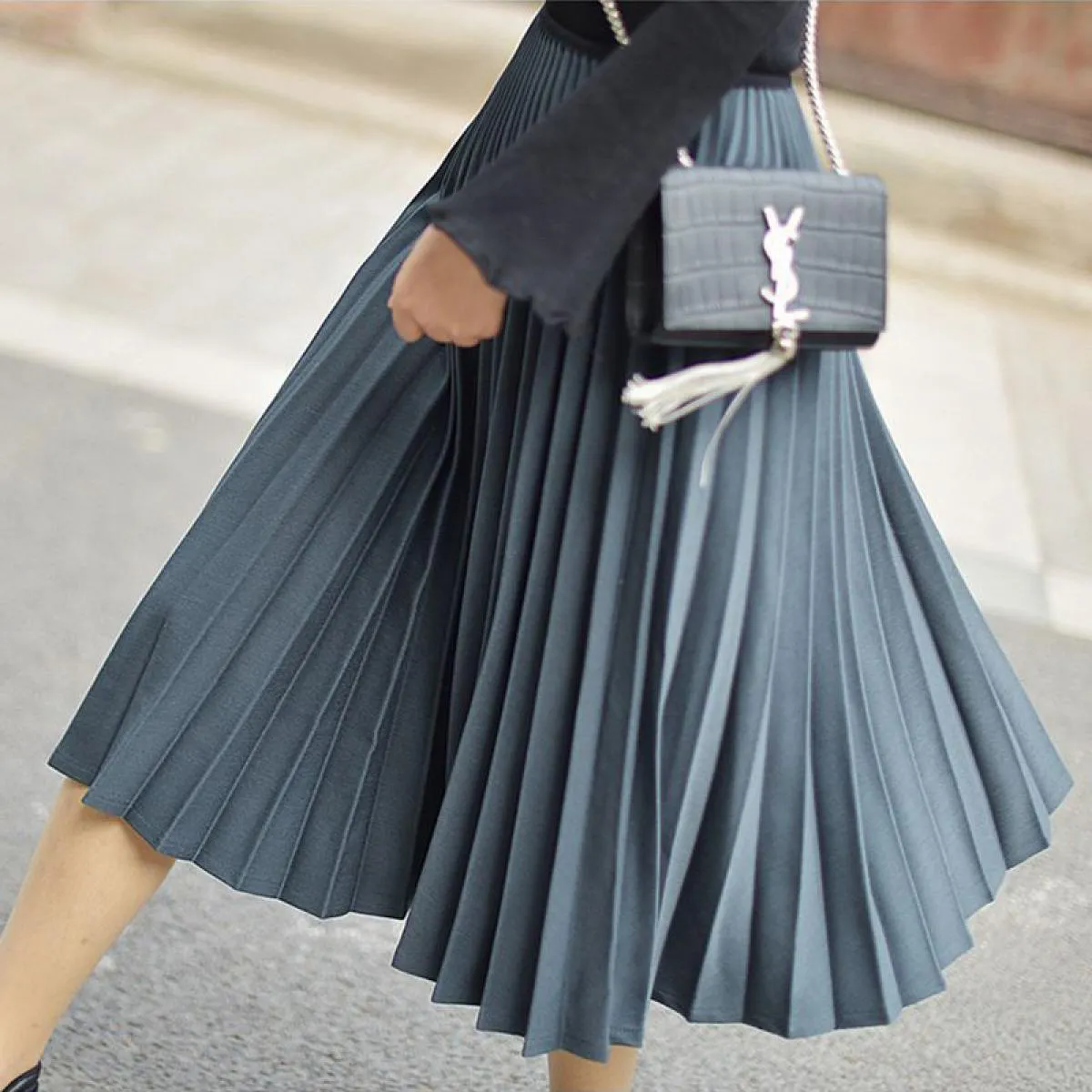 Gonna longuette bianca elastica a vita alta da donna elegante gonna a pieghe Gonne da donna di alta qualità Nero Saias Autunno I