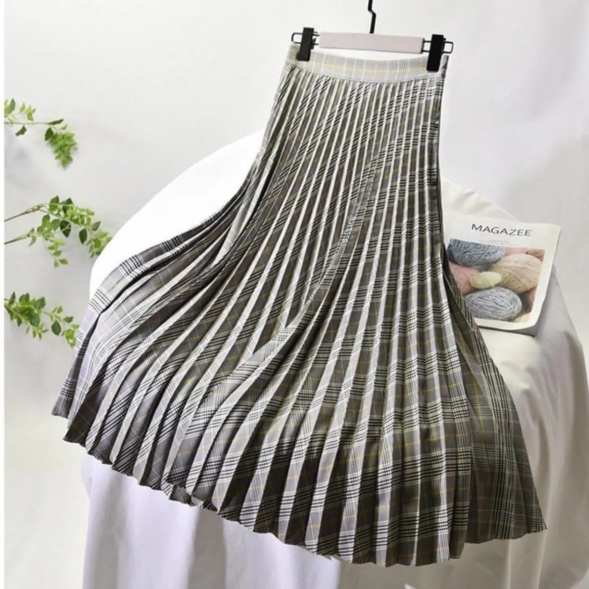 Gonna lunga da donna con motivo scozzese vintage Gonna lunga femminile a vita alta con cerniera laterale Slim a pieghe Gonne a t