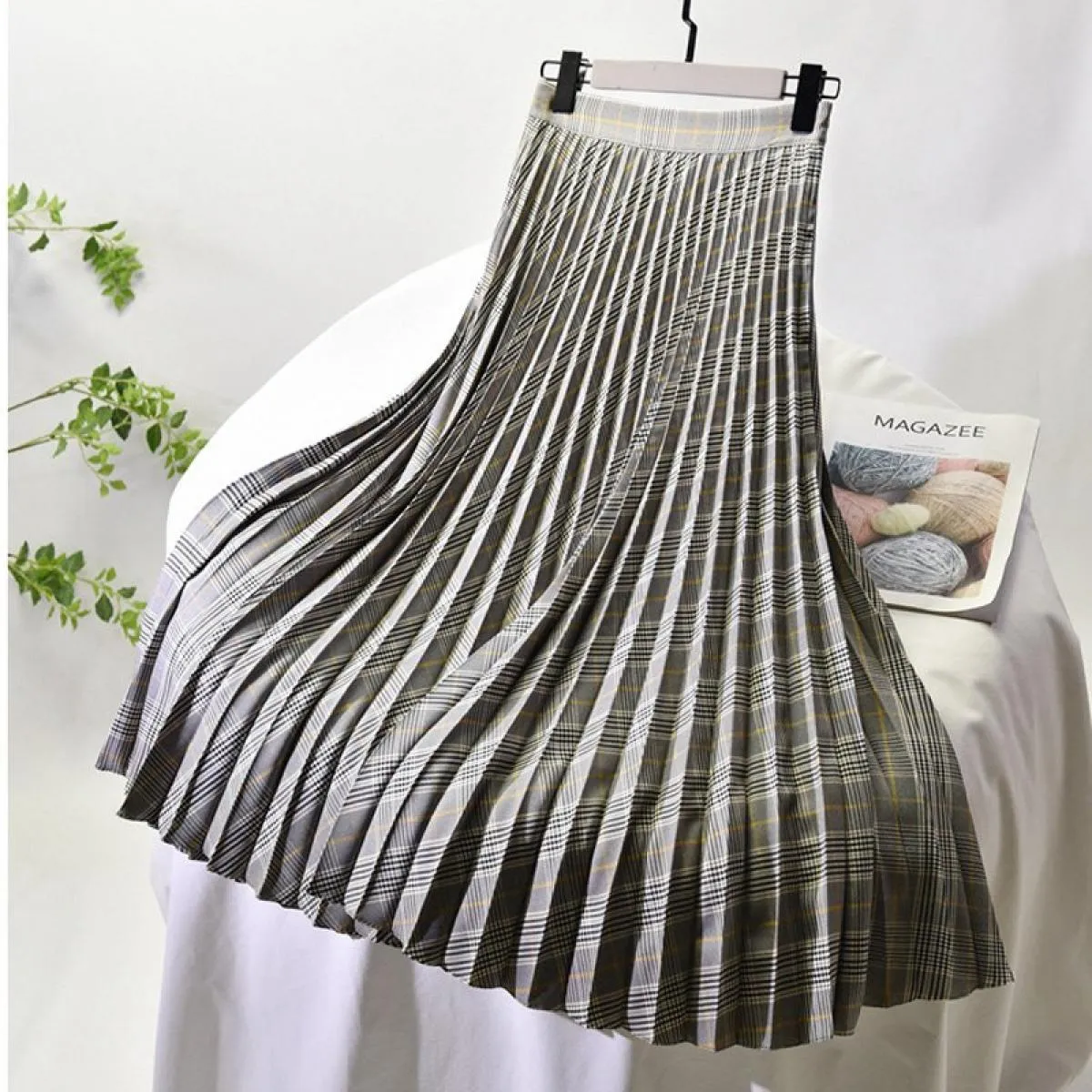 Gonna lunga da donna con motivo scozzese vintage Gonna lunga femminile a vita alta con cerniera laterale Slim a pieghe Gonne a t