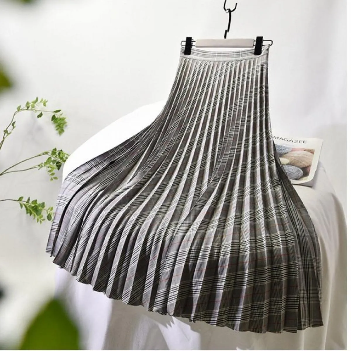 Gonna lunga da donna con motivo scozzese vintage Gonna lunga femminile a vita alta con cerniera laterale Slim a pieghe Gonne a t