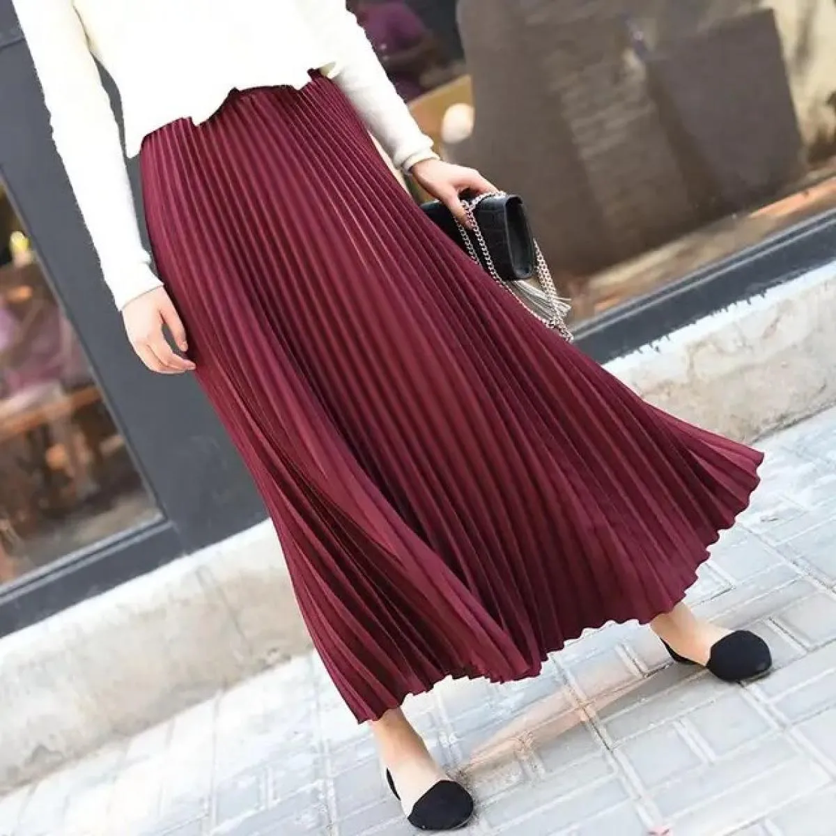 Gonna lunga midi a pieghe vintage da donna Gonne casual in chiffon a vita alta gonne Jupe Faldas autunnali