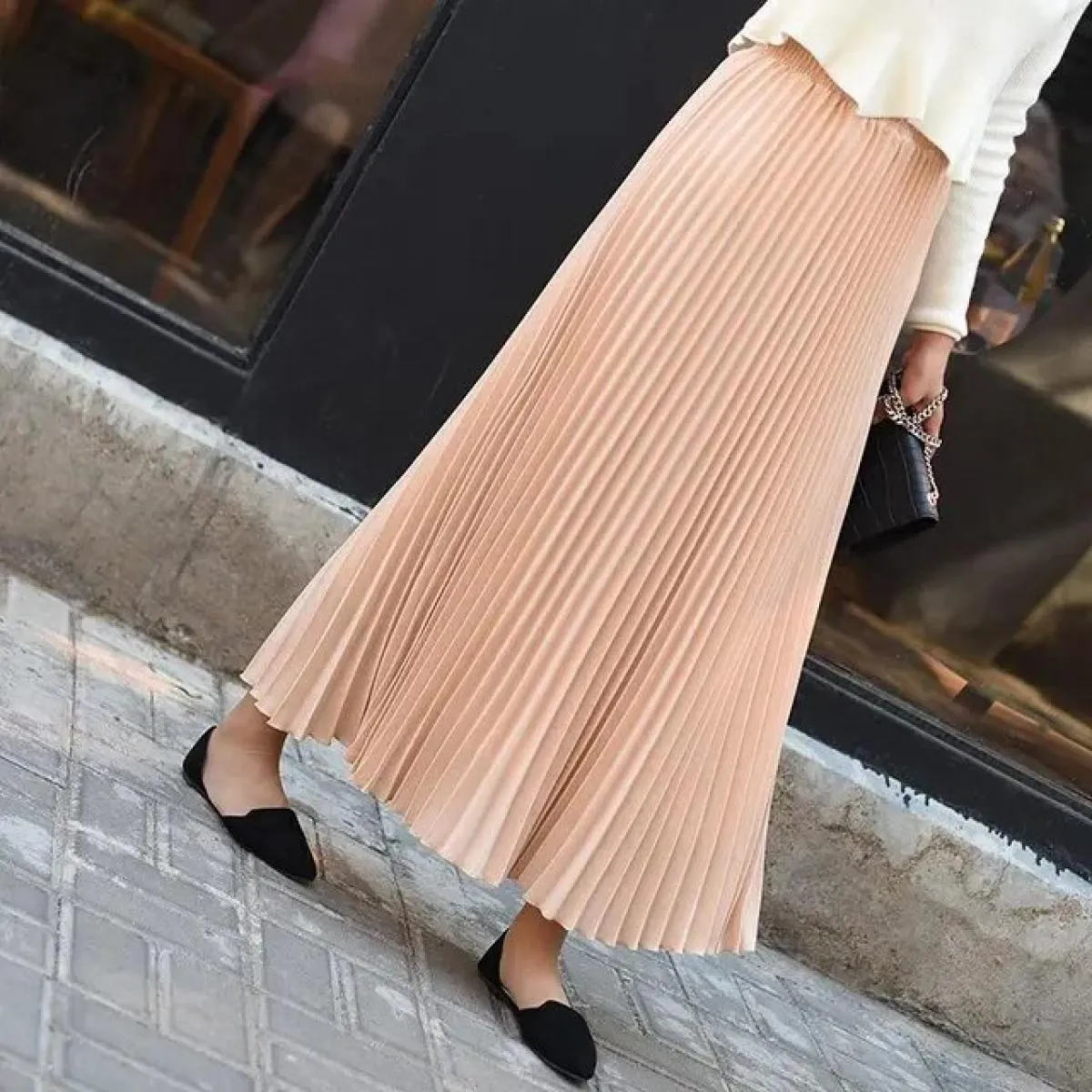Gonna lunga midi a pieghe vintage da donna Gonne casual in chiffon a vita alta gonne Jupe Faldas autunnali