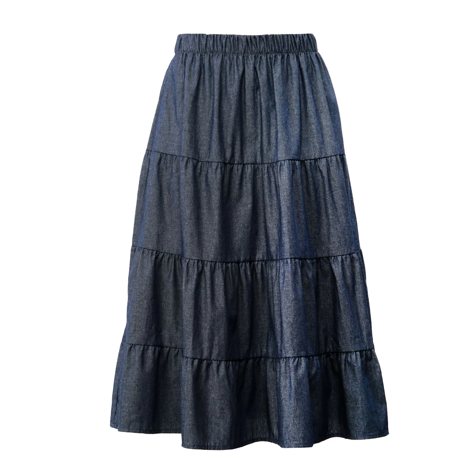 Gonna midi blu in denim con balze