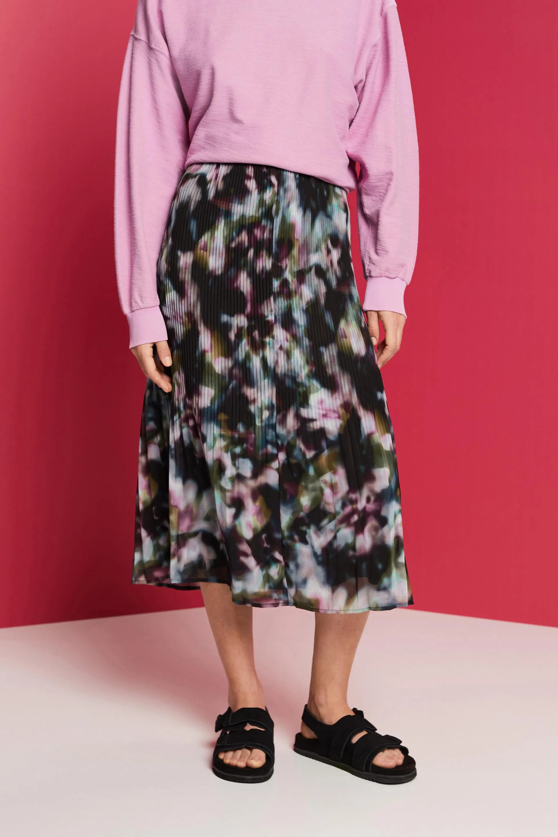 Gonna midi in chiffon plissettata con stampa