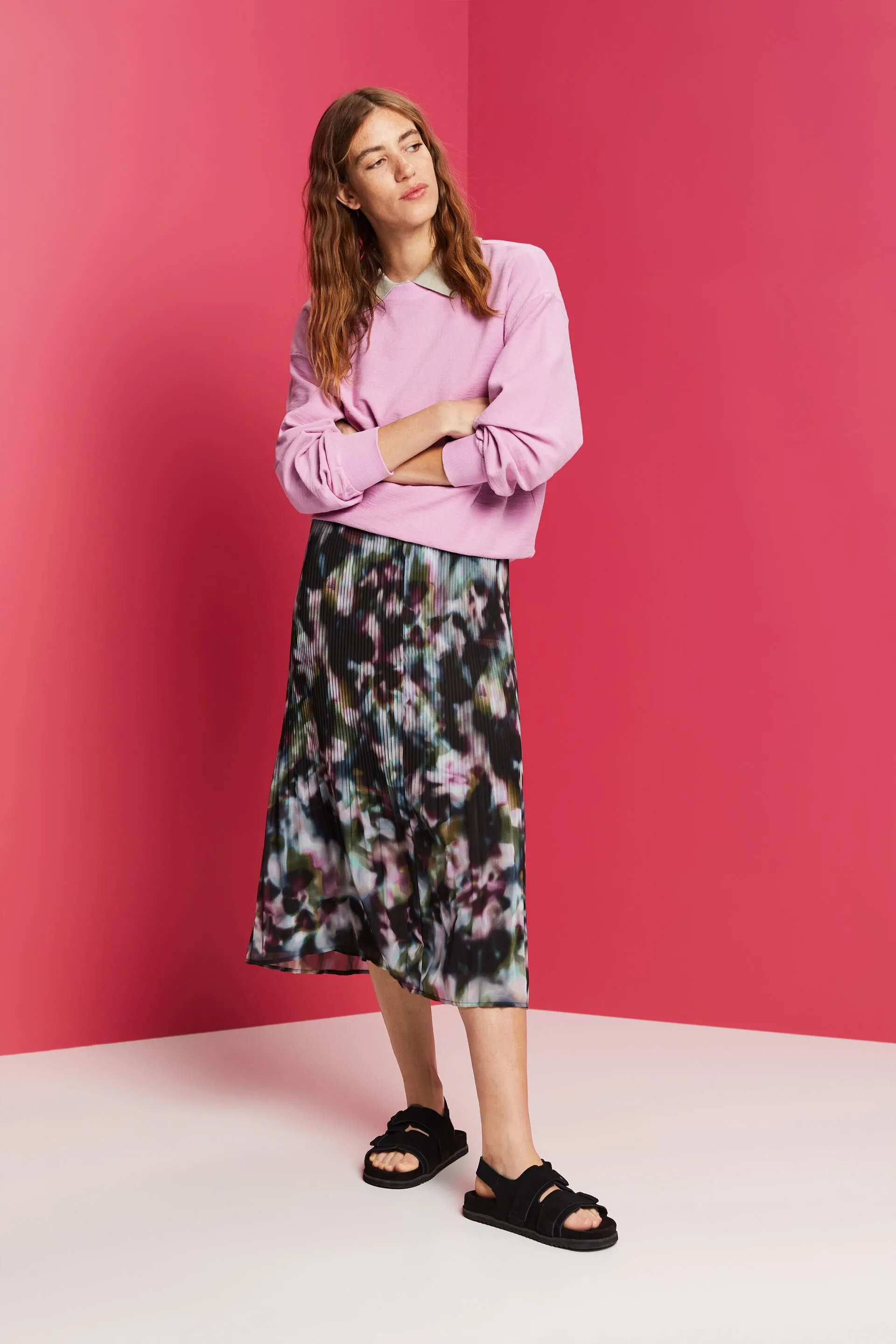 Gonna midi in chiffon plissettata con stampa