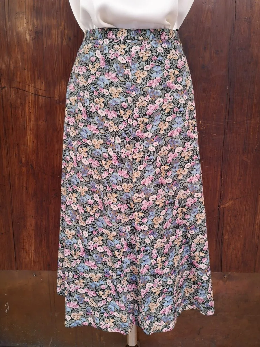 Gonna midi in cotone a fiori azzurri e rosa