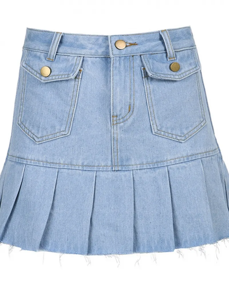 Gonne di jeans a vita alta da donna estiva Minigonna con cuciture tascabili Temperamento Gonna a pieghe sottile a linea Cowgirls