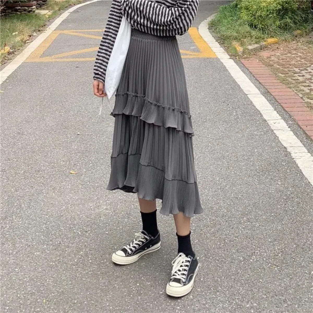 Gonne lunghe Donna Primavera Estate Gonna a pieghe irregolare Volant femminile Tutti abbinati Una gonna a linea Faldas Jupe Femm