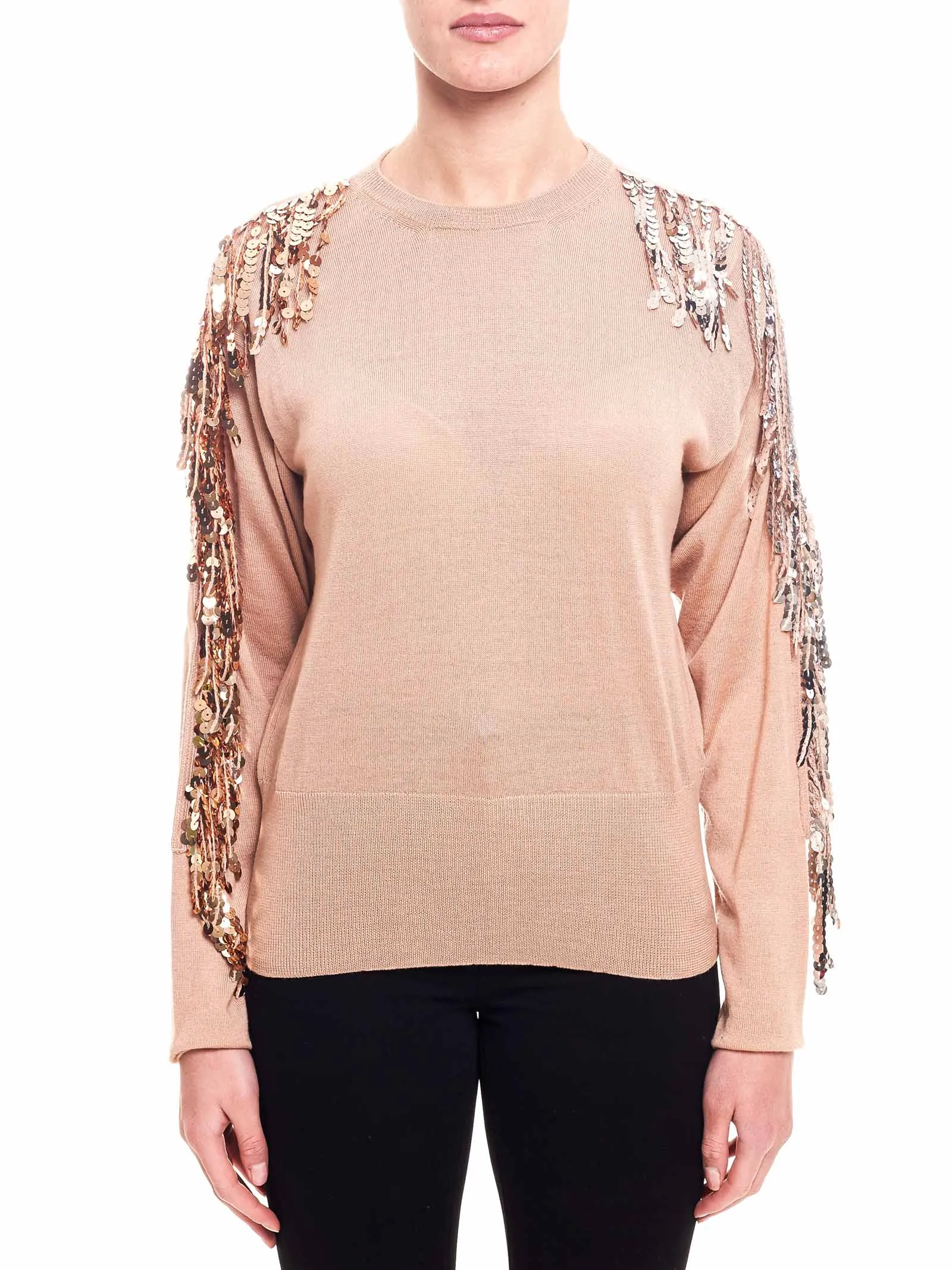 MAGLIA BEIGE IN LANA CON APPLICAZIONE FRANGE IN PAILLETTES