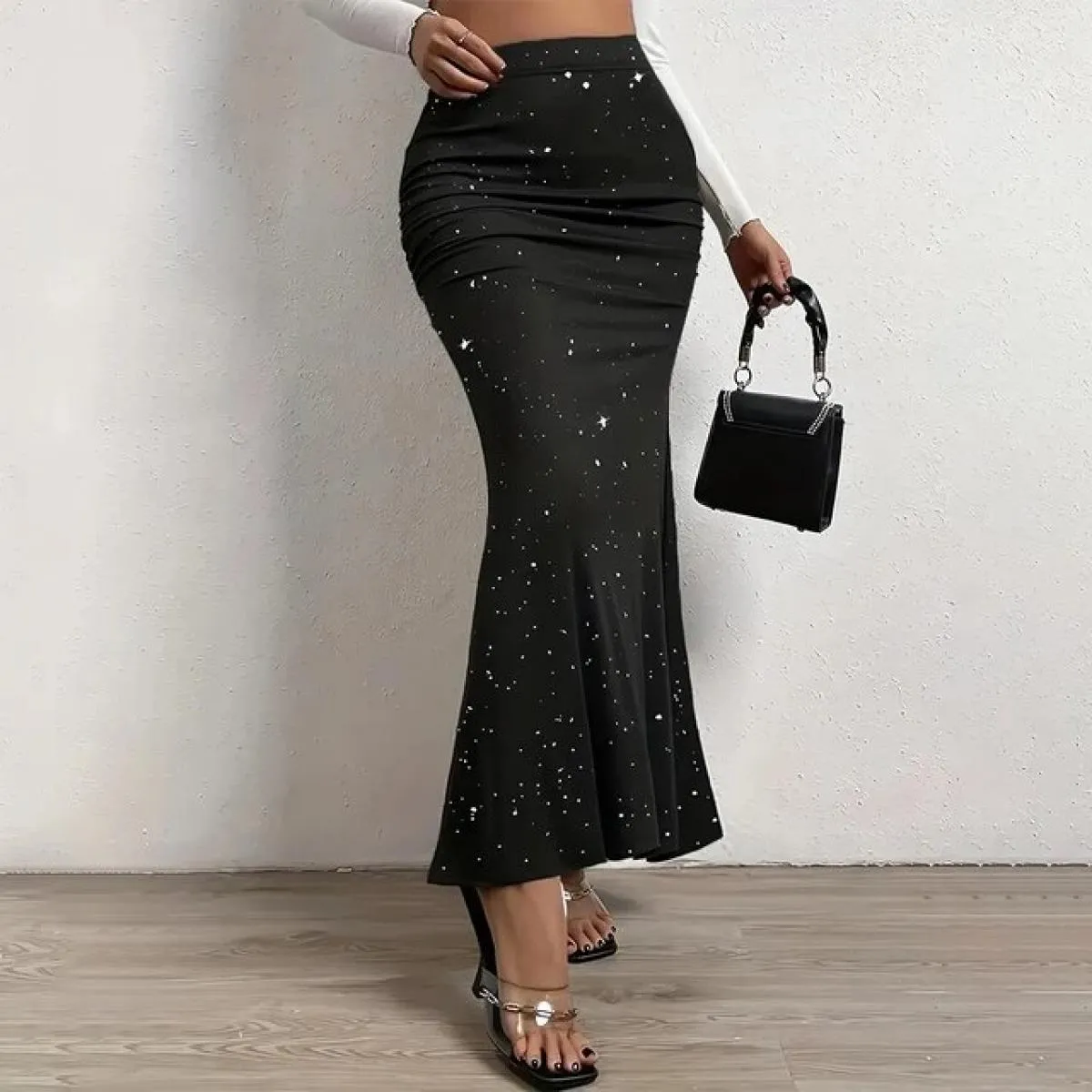 Mezza gonna lunga a coda di pesce da donna alla moda per abbigliamento donna aderente nero elegante abito lungo a pieghe a siren