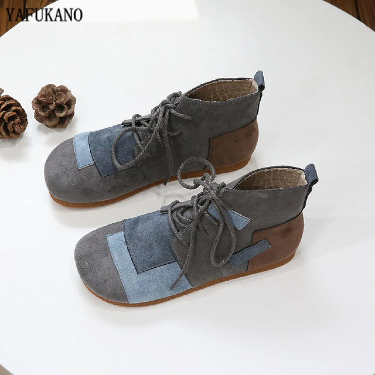 Mori Girl Letterario Retro Patch Colore abbinato Punta tonda Scarpe piatte da donna Fatte a mano Comfort Fondo morbido Stivali d