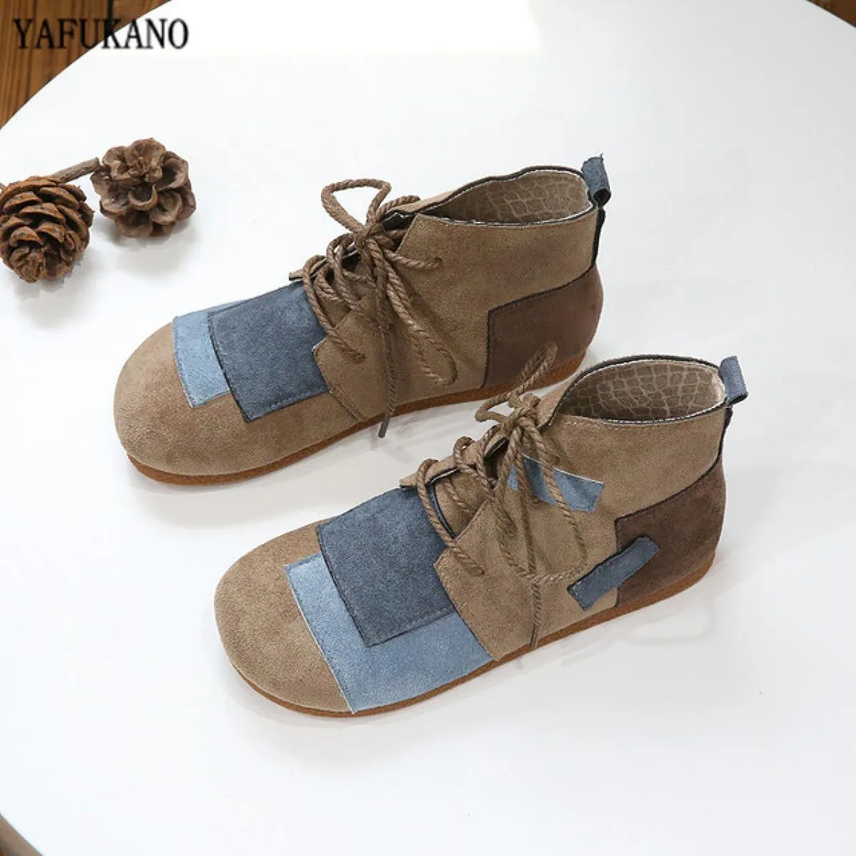 Mori Girl Letterario Retro Patch Colore abbinato Punta tonda Scarpe piatte da donna Fatte a mano Comfort Fondo morbido Stivali d