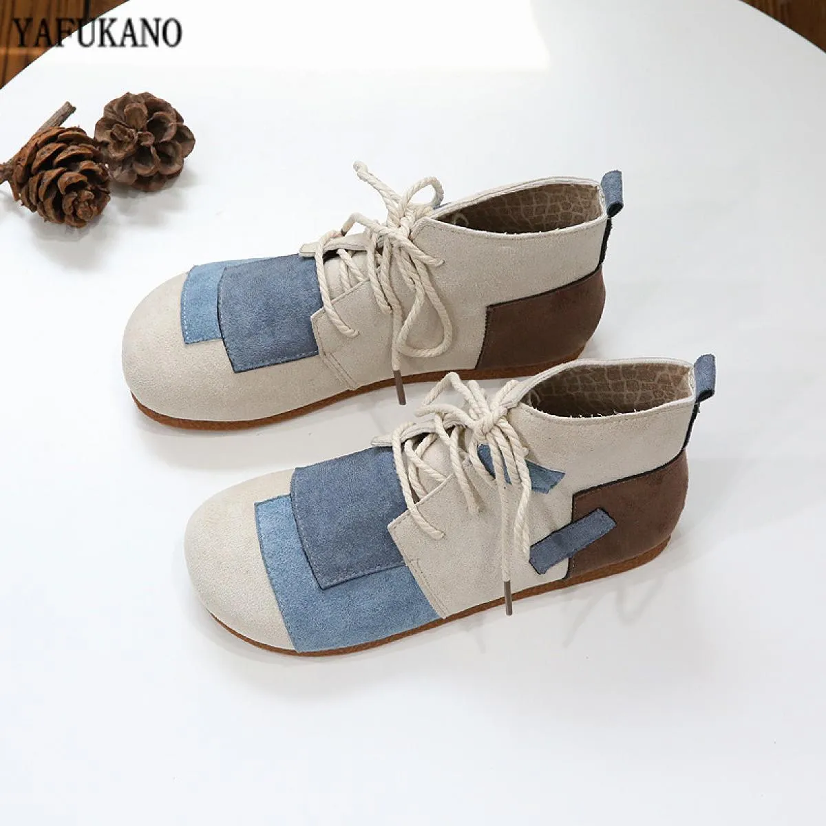 Mori Girl Letterario Retro Patch Colore abbinato Punta tonda Scarpe piatte da donna Fatte a mano Comfort Fondo morbido Stivali d