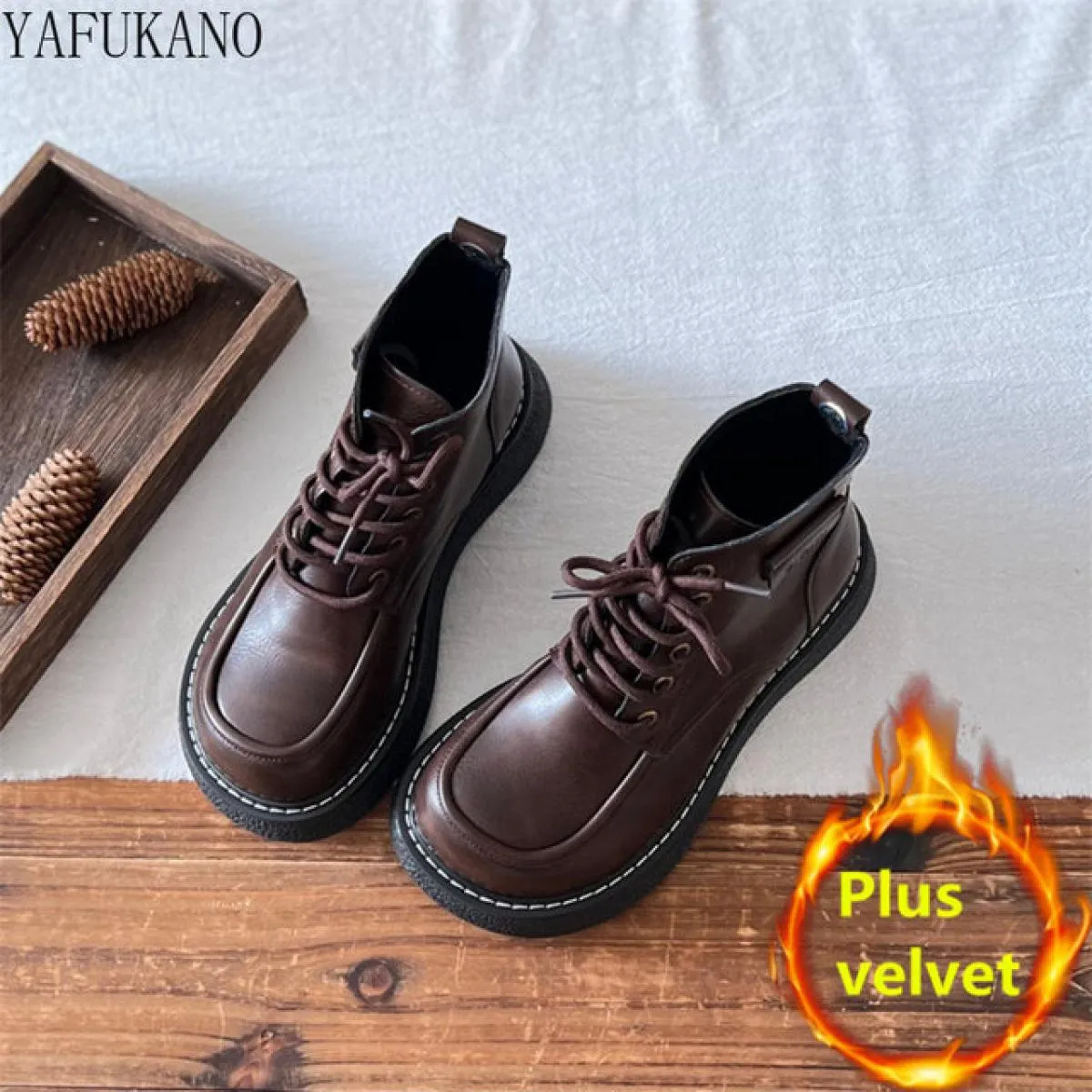 Mori Girl Letterario Retro Punta Rotonda Suola Spessa Scarpe con Testa Grande Stile Britannico Stringati Stivali da Donna Fatti
