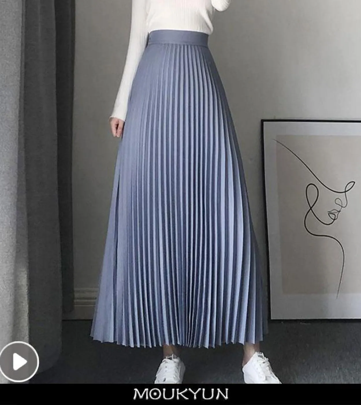 Moukyun Gonna a pieghe a pieghe Donna Primavera Moda Elegante Gonne lunghe Femme Faldas Donna Maxi gonne blu a vita alta