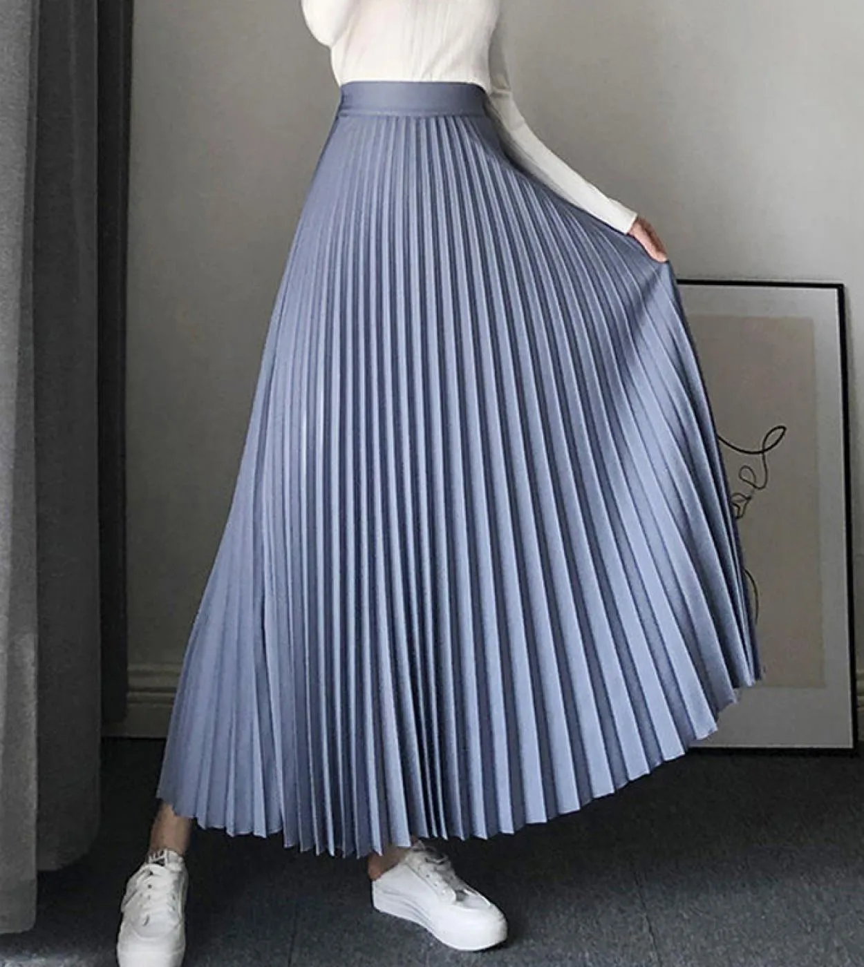 Moukyun Gonna a pieghe a pieghe Donna Primavera Moda Elegante Gonne lunghe Femme Faldas Donna Maxi gonne blu a vita alta