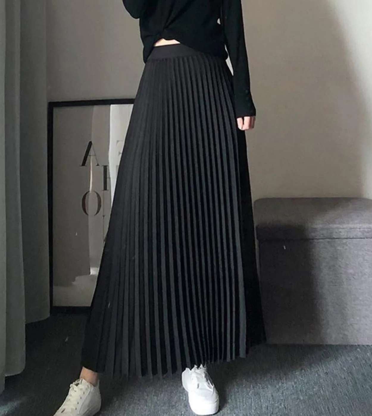 Moukyun Gonna a pieghe a pieghe Donna Primavera Moda Elegante Gonne lunghe Femme Faldas Donna Maxi gonne blu a vita alta