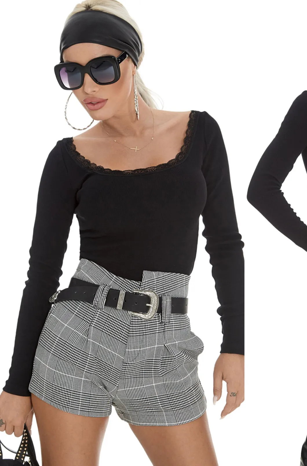 Pantaloncino in tessuto pied de poule grigio