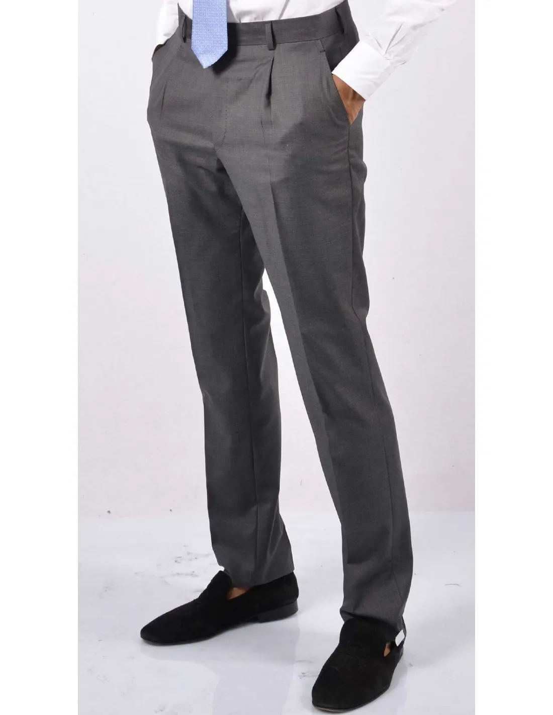Pantalone con pinces in lana invernale vita alta grigio