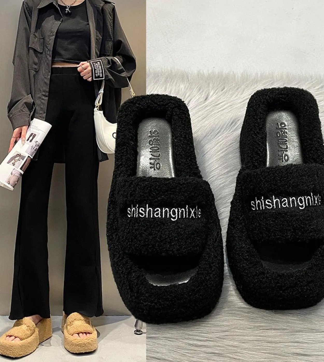Pantofole da donna autunno inverno lettera pelle scamosciata pelliccia sintetica moda donna casa calore confortevole traspirante