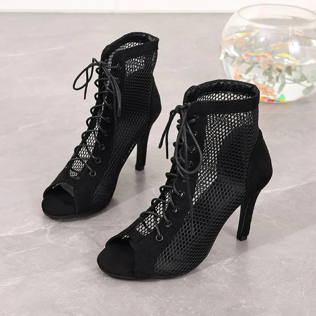 Sandali con tacco a rete scavato con fibbia per cintura Stivali stringati estivi con punta aperta da donna Stiletto Jazz Dance P