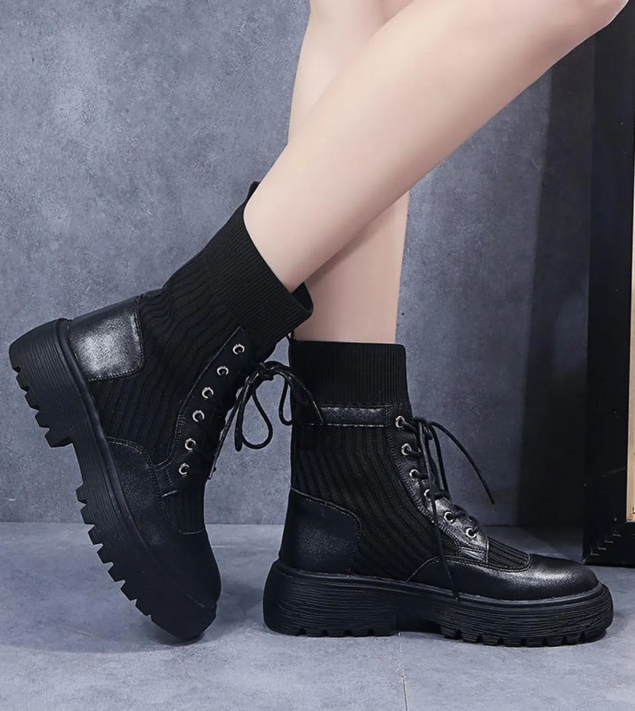 Scarpe da donna con tacco inverno 2022 scarpe autunnali donna caviglia piatta nera calze lavorate a maglia elastiche stivali sne