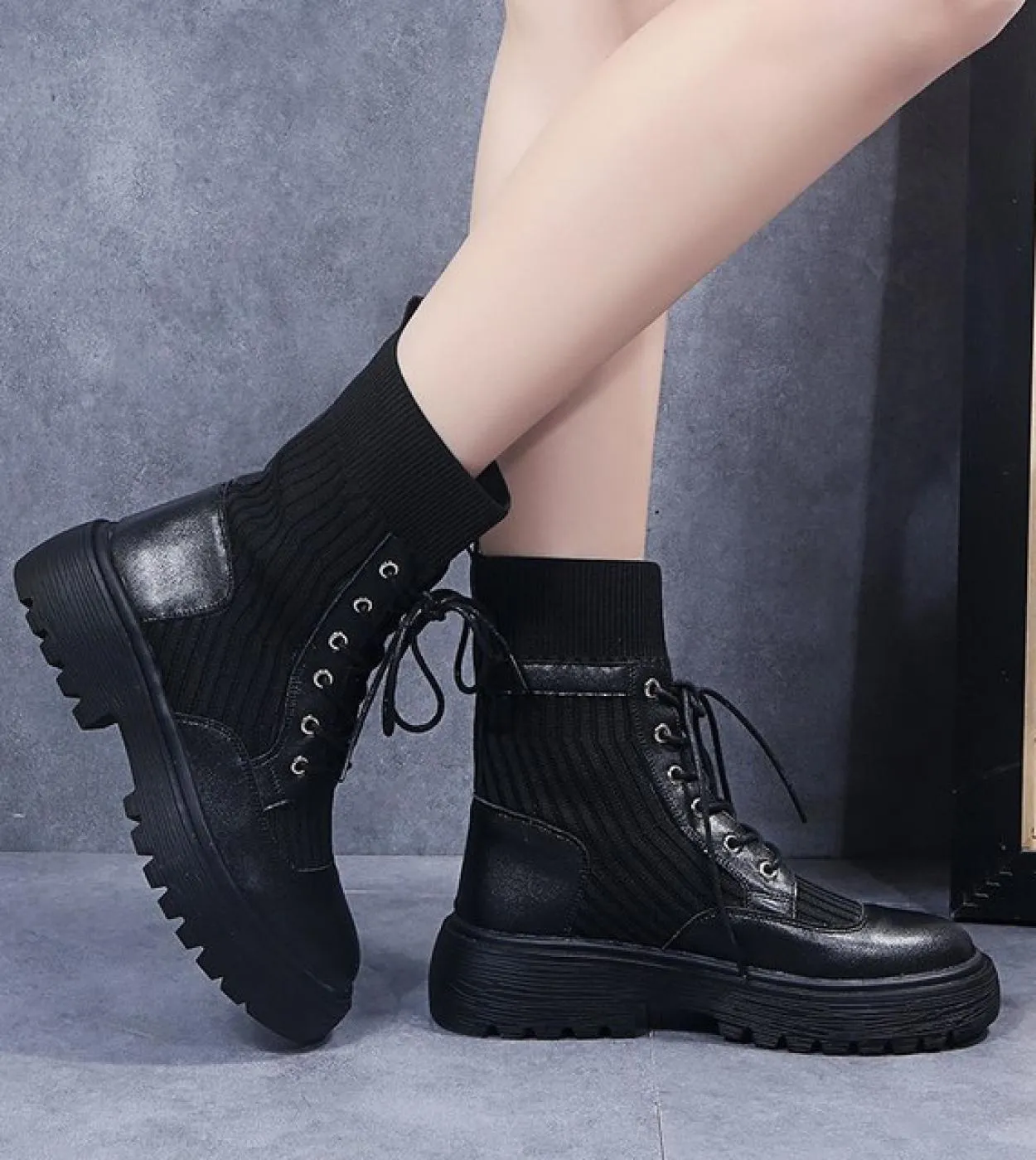 Scarpe da donna con tacco inverno 2022 scarpe autunnali donna caviglia piatta nera calze lavorate a maglia elastiche stivali sne