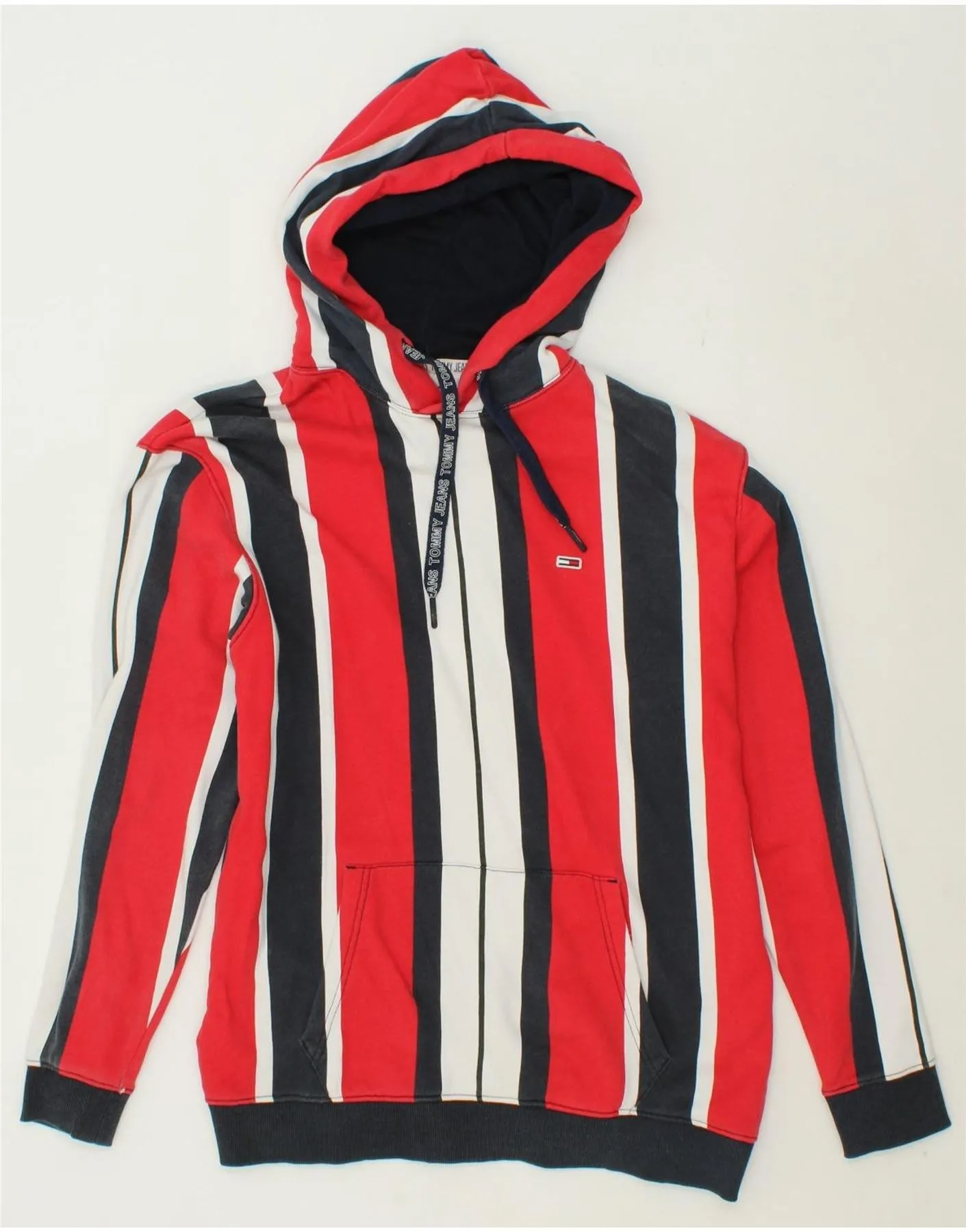 TOMMY HILFIGER Mens Hoodie Jumper Medium Red Striped Cotton