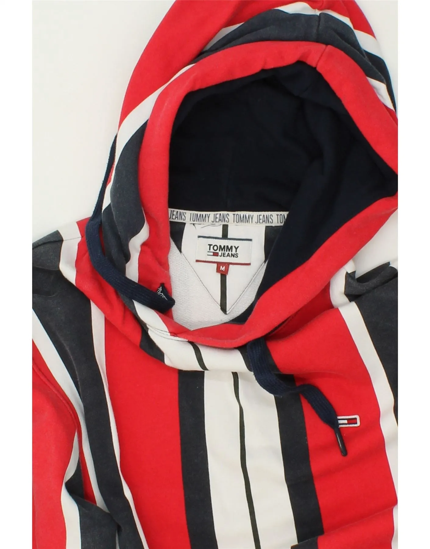 TOMMY HILFIGER Mens Hoodie Jumper Medium Red Striped Cotton