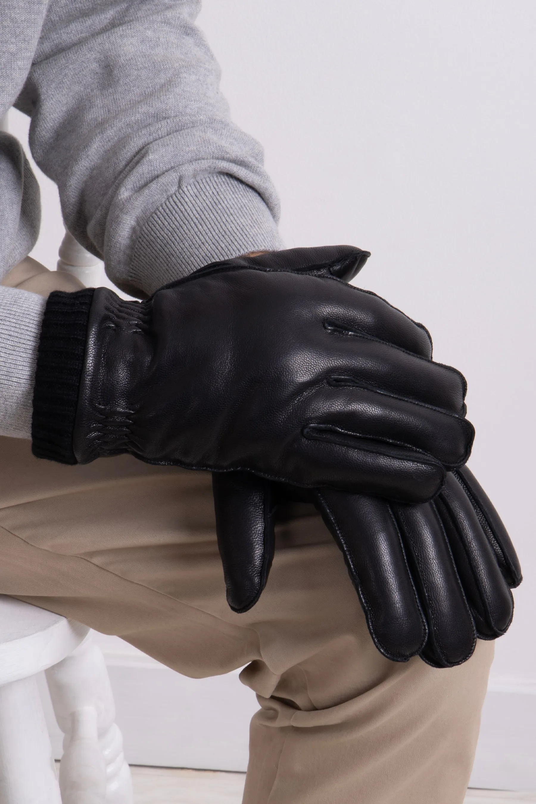 Totes - Isotoner Uomo Guanti in pelle pregia con bordo in maglia a coste e fodera in montone
