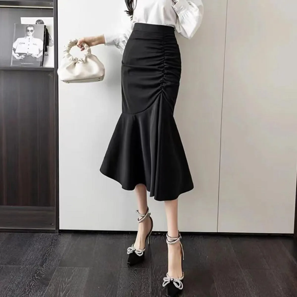 Xpqbb Gonna Lunga da Donna di Moda Estate 2023 Gonna Longuette a Sirena a Vita Alta Slim Fit Gonna Midi Avvolgente con Pieghe El