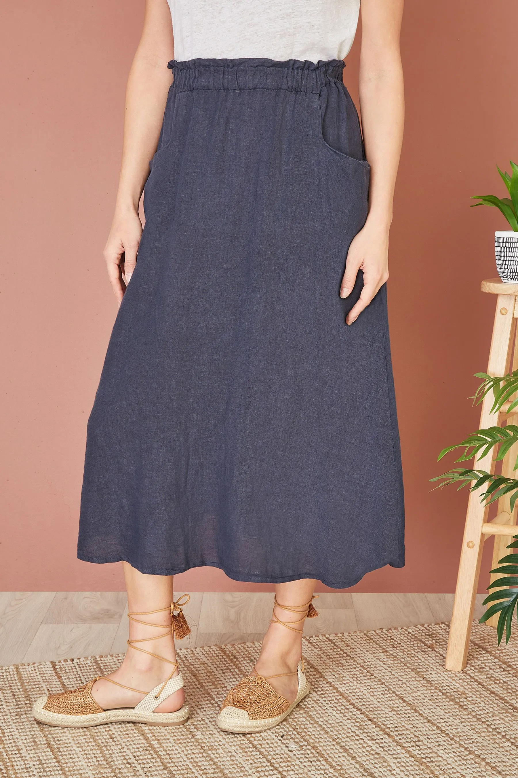 Yumi - Gonna midi in lino italiano con tasche