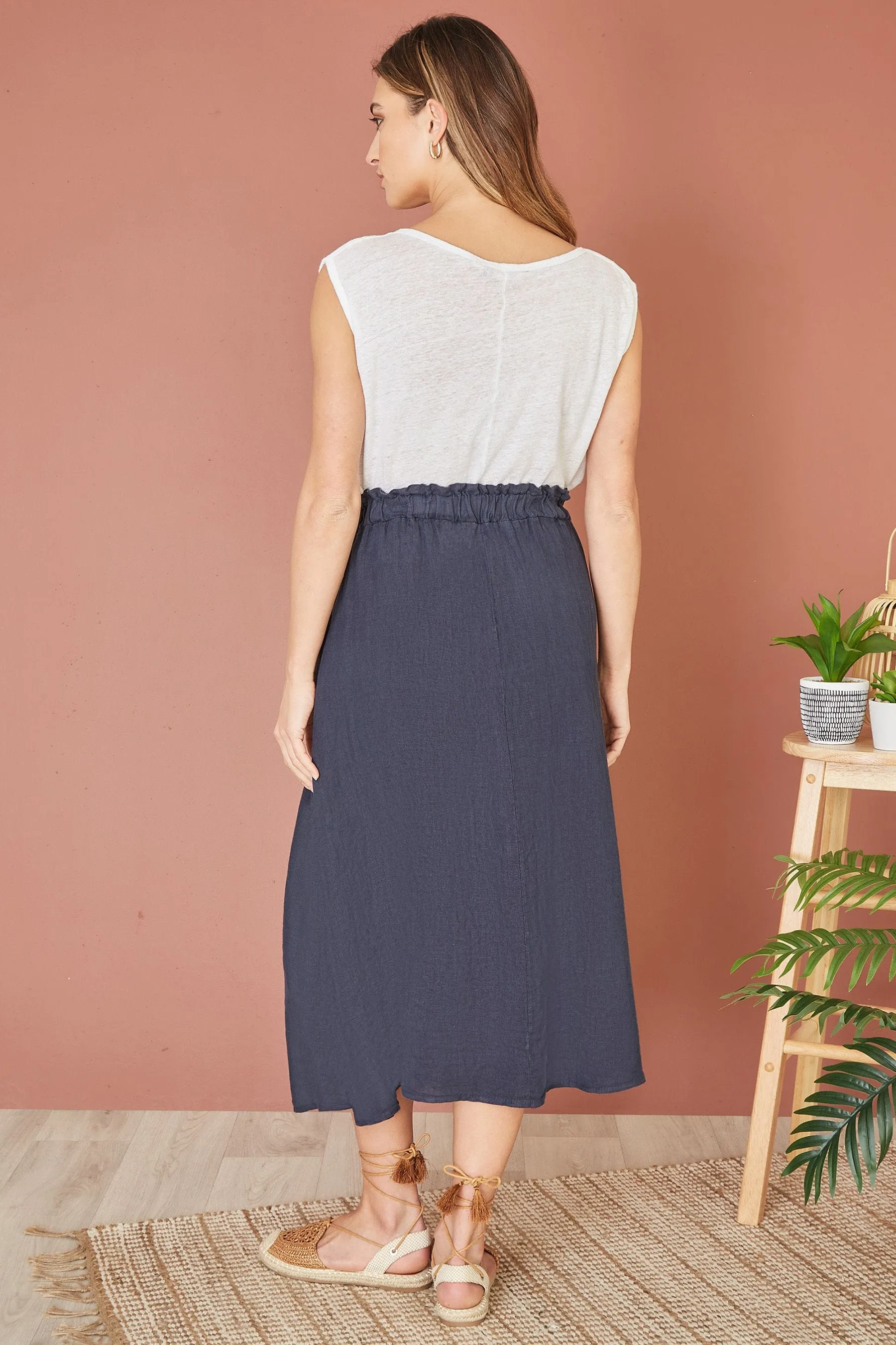 Yumi - Gonna midi in lino italiano con tasche
