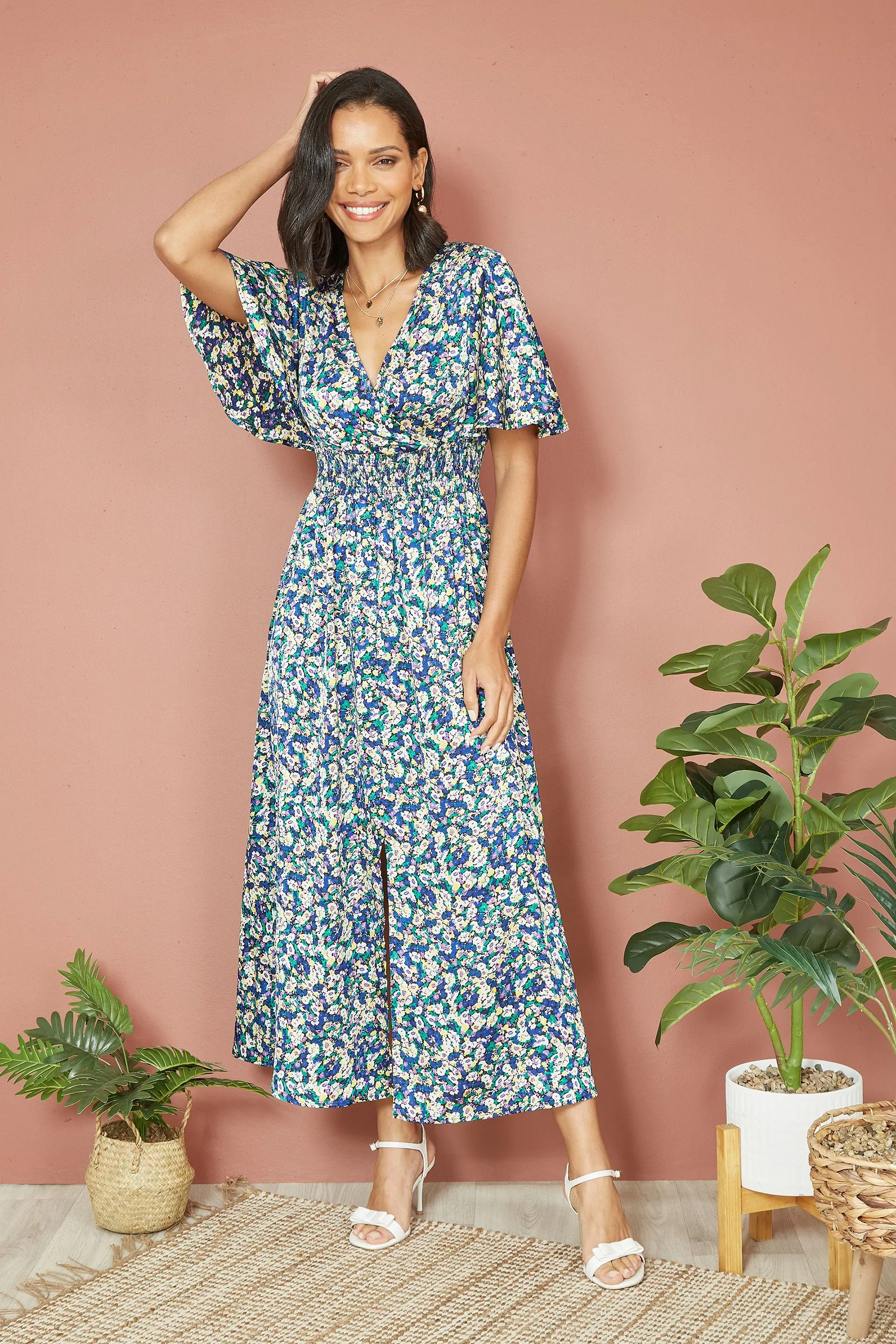 Yumi Satin - Abito maxi a portafoglio Stampa fiorellini