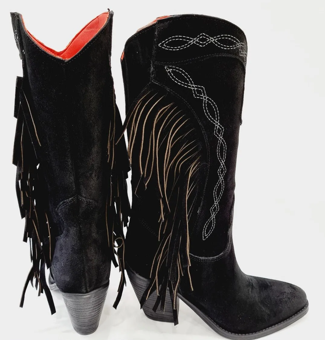 Zoe stivale texano frange tacco 9 cm crosta black rif.19