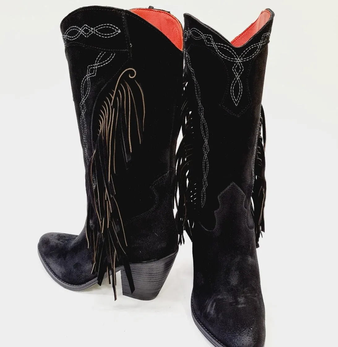 Zoe stivale texano frange tacco 9 cm crosta black rif.19