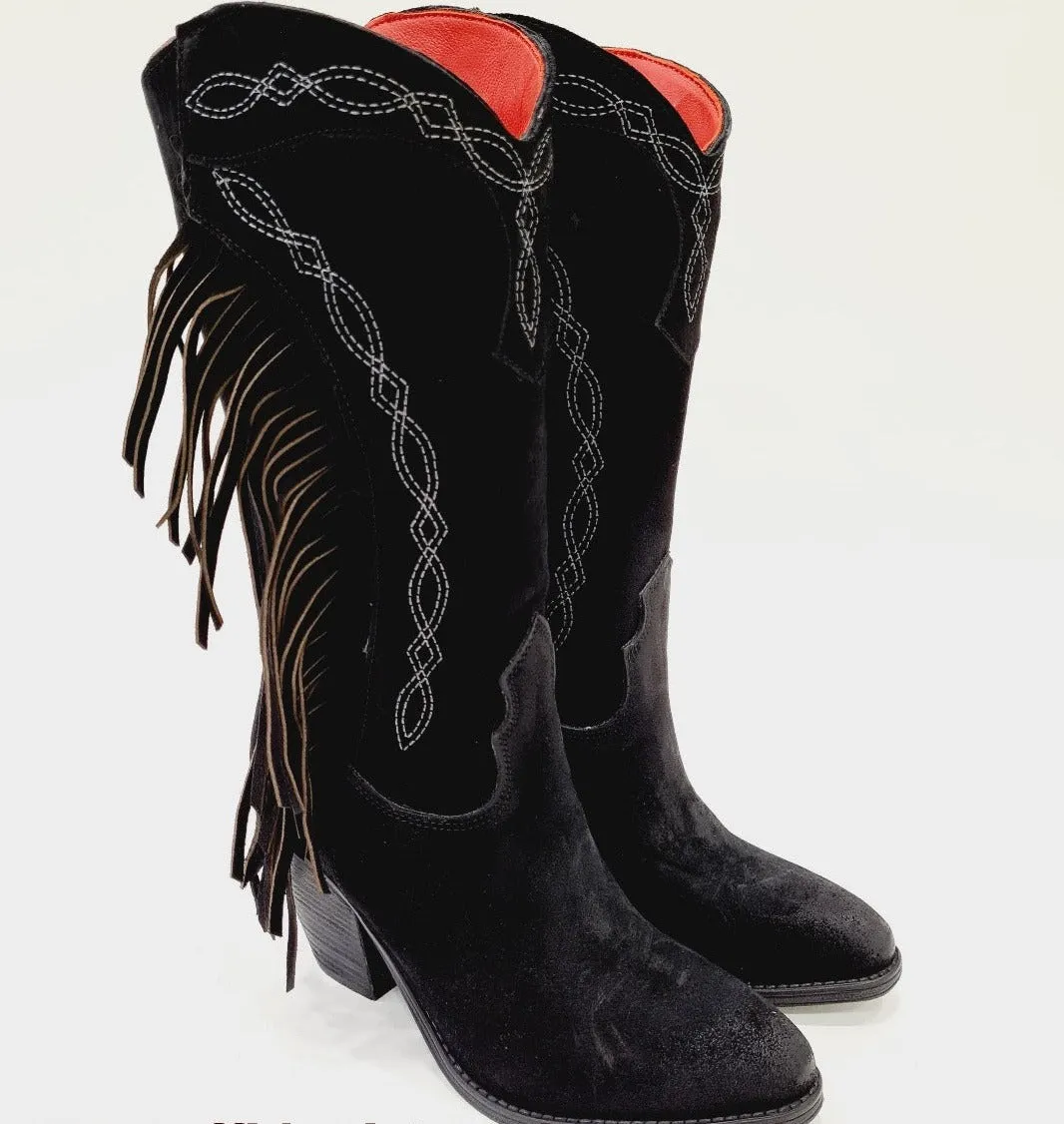 Zoe stivale texano frange tacco 9 cm crosta black rif.19